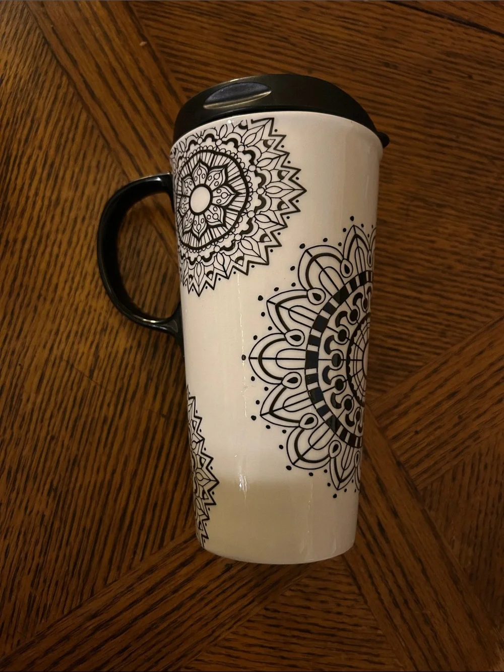 Cypress Home: Ceramic Travel Mug with Lid and Handle - Black and White Mandala